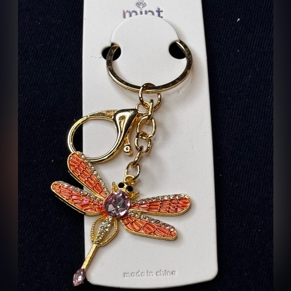 Mint BAG CHARM Sparkly Dragonfly Pink Crystal Keychain/Purse Charm